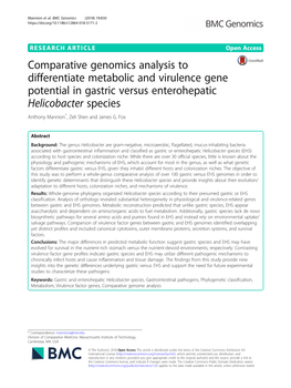Downloaded from the National This Genus-Wide Comparative Analysis Determined That Center for Biotechnology Information Database (NCBI) Gastric Helicobacter Spp