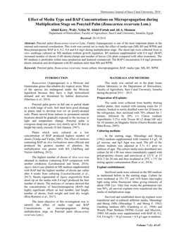 Effect of Media Type and BAP Concentrations on Micropropagation During Multiplication Stage on Ponytail Palm (Beaucarnea Recurvata Lem.) Abdel Kawy, Waly; Yehia M