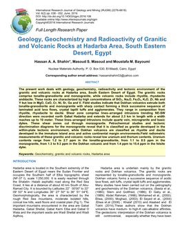 Geology, Geochemistry and Radioactivity of Granitic and Volcanic Rocks at Hadarba Area, South Eastern Desert, Egypt