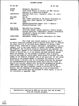 South Asian Ethnics in Britain and BBC: Content Analysis of a Television Program. INSTITUTION Kentucky State Univ., Frankfort