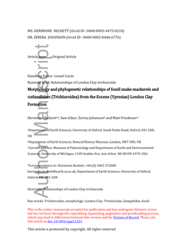 Morphology and Phylogenetic Relationships of Fossil Snake Mackerels and Cutlassfishes (Trichiuroidea) from the Eocene (Ypresian) London Clay Formation