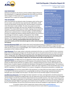 Haiti Earthquake | Situation Report #3 Latin America & the Caribbean Response Plan 27 August, 2021, 14:00 ET