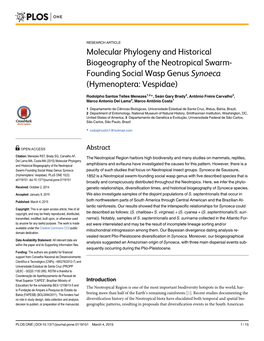 Molecular Phylogeny and Historical Biogeography of the Neotropical Swarm- Founding Social Wasp Genus Synoeca (Hymenoptera: Vespidae)