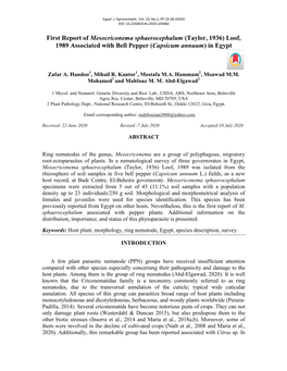 (Taylor, 1936) Loof, 1989 Associated with Bell Pepper (Capsicum Annuum) in Egypt