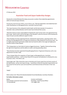 Australian Food and Liquor Leadership Changes