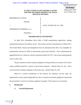 Case 4:17-Cv-00890 Document 55 Filed in TXSD on 02/22/18 Page 1