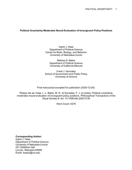 Political Uncertainty Moderates Neural Evaluation of Incongruent Policy Positions