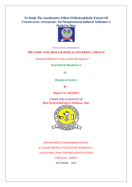 To Study the Ameliorative Effect of Hydroalcholic Extract of Caryota Urens (Arecaceae) on Streptozotocin Induced Alzheimer’S Model in Mice