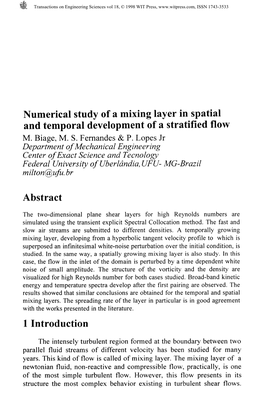Numerical Study of a Mixing Layer in Spatial and Temporal Development of a Stratified Flow M. Biage, M. S. Fernandes & P. Lo
