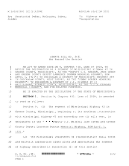 MISSISSIPPI LEGISLATURE REGULAR SESSION 2021 By