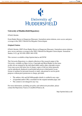 From Hunky Heroes to Dangerous Dinosaurs: Journalism-Union Relations, News Access and Press Coverage in the 2002-3 British Fire Brigades Union Dispute