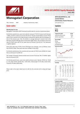 Monogatari Corporation (3097): June Sales