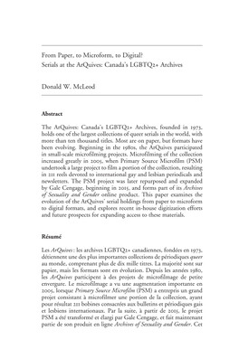 From Paper, to Microform, to Digital? Serials at the Arquives: Canada's LGBTQ2+ Archives Donald W. Mcleod