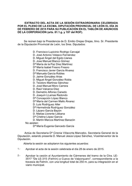 Extracto Del Acta De La Sesión Extraordinaria Celebrada Por El Pleno De La Excma. Diputación Provincial De León El Día 26 De