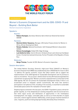 Women's Economic Empowerment and the SDG: COVID-19 and Beyond – Building Back Better
