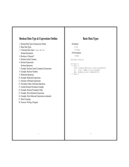 Boolean Data Type & Expressions Outline Basic Data Types