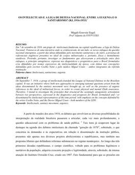 Os Intelectuais E a Liga De Defesa Nacional: Entre a Eugenia E O Sanitarismo? (Rj, 1916-1933)1