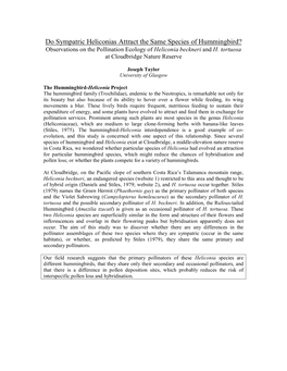 Do Sympatric Heliconias Attract the Same Species of Hummingbird? Observations on the Pollination Ecology of Heliconia Beckneri and H