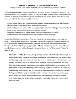 Reaction to the Boston Tea Party and Intolerable Acts Primary Sources: Olive Branch Petition & “Causes and Necessity of Taking up Arms”