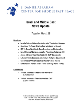 Israel and Middle East News Update