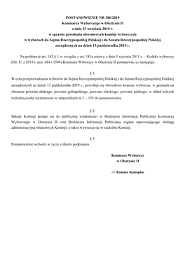 POSTANOWIENIE NR 386/2019 Komisarza Wyborczego W Olsztynie II Z Dnia 23 Września 2019 R