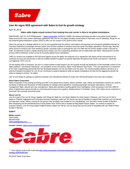 Lion Air Signs GDS Agreement with Sabre to Fuel Its Growth Strategy