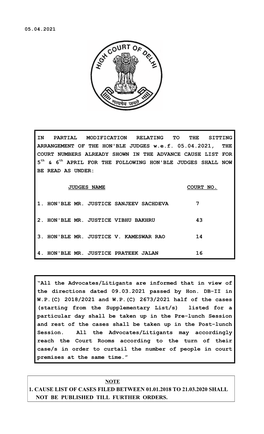 1. Cause List of Cases Filed Between 01.01.2018 to 21.03.2020 Shall Not Be Published Till Further Orders