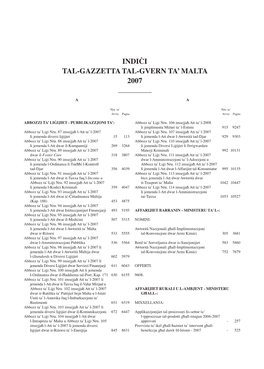 Indiċi Tal-Gazzetta Tal-Gvern Ta' Malta 2007 ___