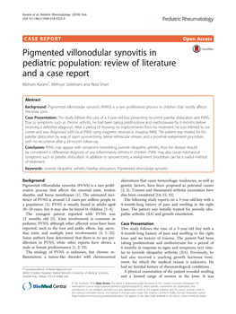 Pigmented Villonodular Synovitis in Pediatric Population: Review of Literature and a Case Report Mohsen Karami*, Mehryar Soleimani and Reza Shiari