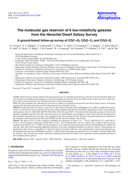 The Molecular Gas Reservoir of 6 Low-Metallicity Galaxies from the Herschel Dwarf Galaxy Survey a Ground-Based Follow-Up Survey of CO(1–0), CO(2–1), and CO(3–2)