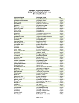 Backyard Biodiversity Day 2020 List of Native Plants for Sale from Green Isle Gardens Page 1 of 3