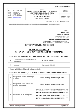 Sd/- AERODROME DATA CHENNAI INTERNATIONAL AIRPORT (VOMM)