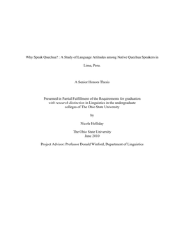 Why Speak Quechua? : a Study of Language Attitudes Among Native Quechua Speakers In