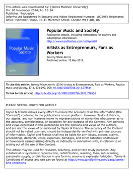 Popular Music and Society Artists As Entrepreneurs, Fans As Workers