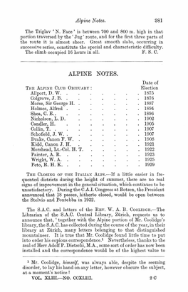 ALPINE NOTES. Date of the ALPINE CLUB OBITUARY: Election