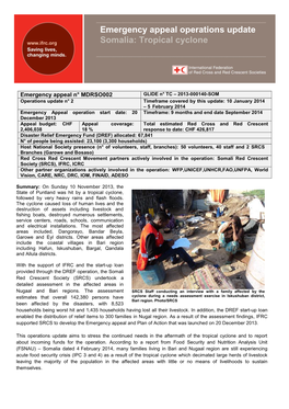 Emergency Appeal Operations Update Somalia: Tropical Cyclone