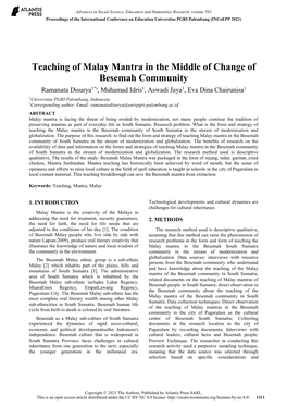 Teaching of Malay Mantra in the Middle of Change of Besemah