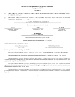 Form 10-K Altair Nanotechnologies Inc