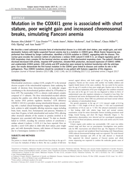 Mutation in the COX4I1 Gene Is Associated with Short Stature, Poor Weight Gain and Increased Chromosomal Breaks, Simulating Fanconi Anemia