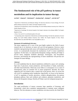 The Fundamental Role of the P53 Pathway in Tumor Metabolism and Its Implication in Tumor Therapy