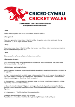 Cricket Wales U19's 100 Ball Cup 2021 Competition Administration