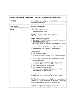 Ontario Employment Standards Act – Leaves of Absence (“Loa”) – March 2020