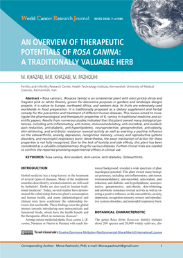 An Overview of Therapeutic Potentials of Rosa Canina- a Traditionally