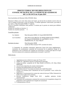 PROCES-VERBAL DES DELIBERATIONS DU CONSEIL MUNICIPAL DE LA COMMUNE DE GEISHOUSE DE LA SEANCE Du 19 Juin 2019