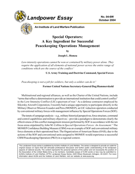A Key Ingredient for Successful Peacekeeping Operations Management by Joseph L