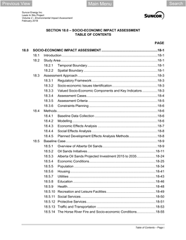 Section 18.0 – Socio-Economic Impact Assessment Table of Contents