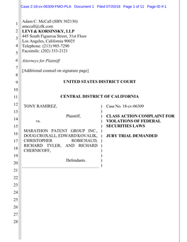 Tony Ramirez, Et Al. V. Marathon Patent Group Inc, Et Al. 18-CV