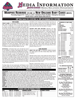 Edia Informationmedia Relations Department 198 Union Avenue | Memphis, Tennessee 38103 | Phone: 901.722.0293 | | @Memphisredbirds
