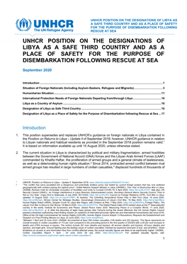 Unhcr Position on the Designations of Libya As a Safe Third Country and As a Place of Safety for the Purpose of Disembarkation Following Rescue at Sea