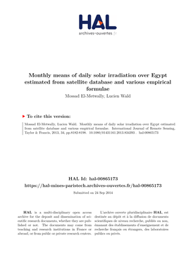 Monthly Means of Daily Solar Irradiation Over Egypt Estimated from Satellite Database and Various Empirical Formulae Mossad El-Metwally, Lucien Wald